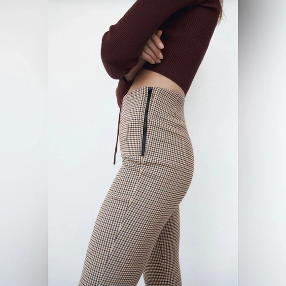 Zara Women’s Gingham Fitted Side Zip Trousers in Black/Brown/White Size L - Picture 4 of 10